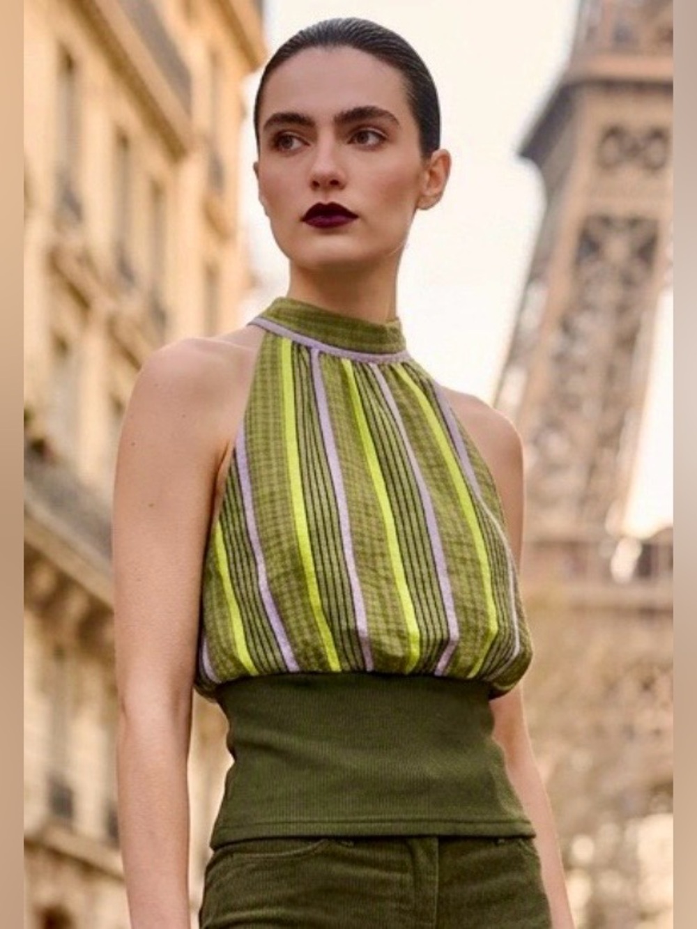 Noista Woman’s NWOT Striped Boho Green Halter Top w/Ribbed Solid Band M